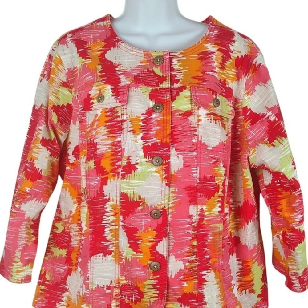 Jacket 18W Pink Orange Abstract Ikat Button Front Cotton layering bright tropics